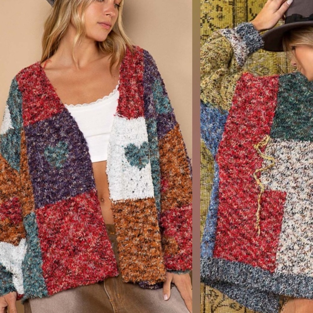 598. POL soft Cardigan Sweater Tweed Duster Heart Long Sleeve Open Front